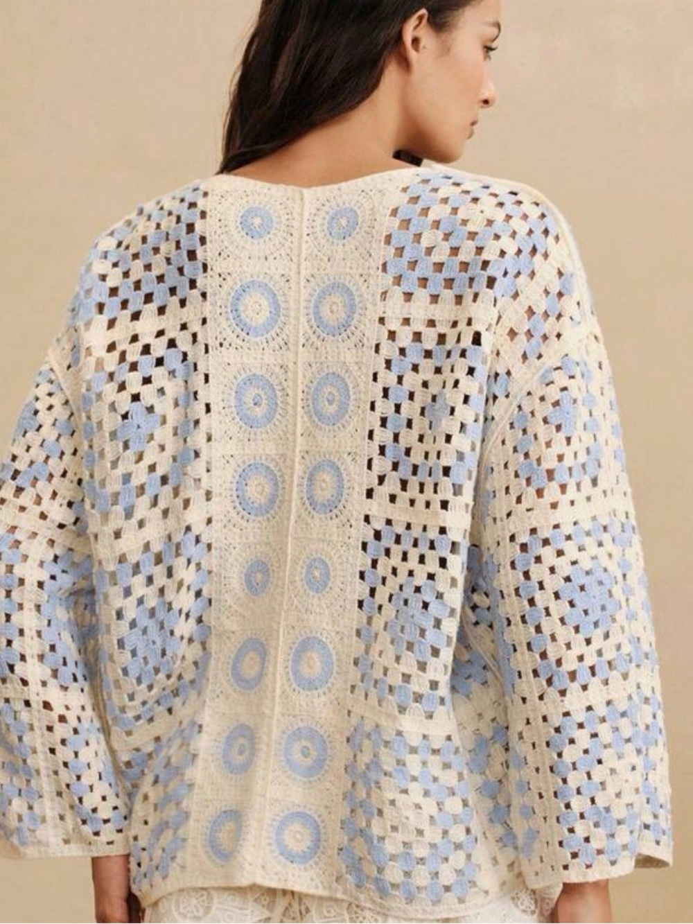 POL ONE SIZE GRANNY CROCHET Openwork Cardigan Sweater - Cream & Light Blue